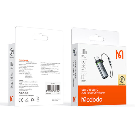 Adaptor Mcdodo Adapter Auto Power Off (OT-2450), Type-C to Type-C, PD100W, 5A, 480Mbps, Charging & Data Sync, with Lanyard, Negru