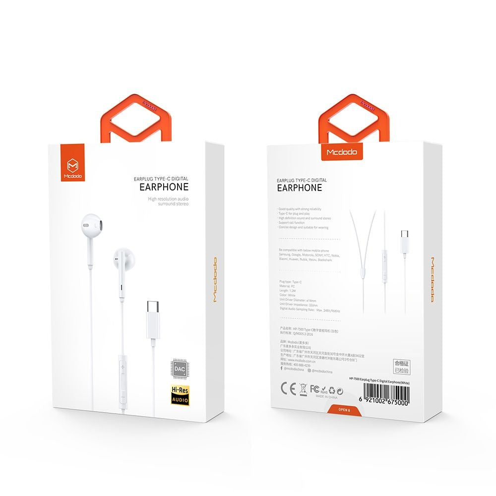 Casti Mcdodo Wired Earphones (HP-7500), with Volume Control, Type-C, DAC Chip, Hi-Res Audio, 1.2m, Alb