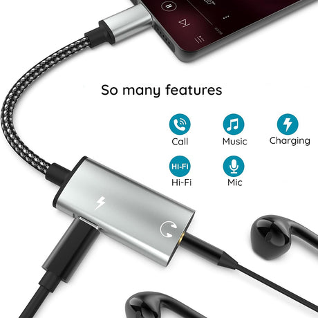Adaptor Techsuit 2in1 Audio Adapter AcustiCore (AC22), Type-C to Type-C/Jack 3.5mm, Fast Charging, DAC Chip, Hi-Fi Sound, Gri