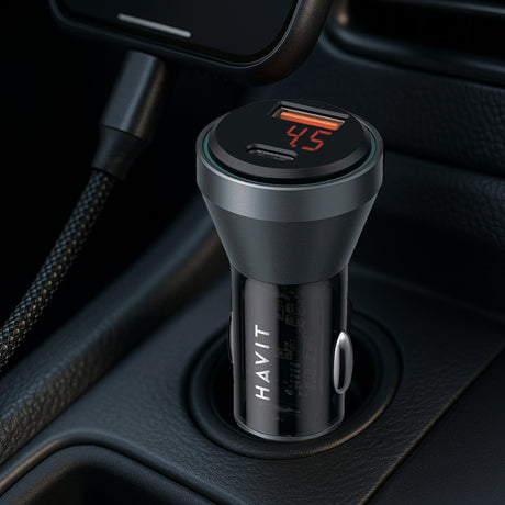 Incarcator Havit Car (CC2017), Type-C, USB, 45W, 3A, Visible Internal Structural Design, Negru / Blue
