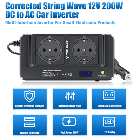 Gadget Techsuit Car Power Inverter PowerDriveX (IA2), Type-C, 2x USB-A, 2x AC Power Sockets, 220V, 200W, Negru