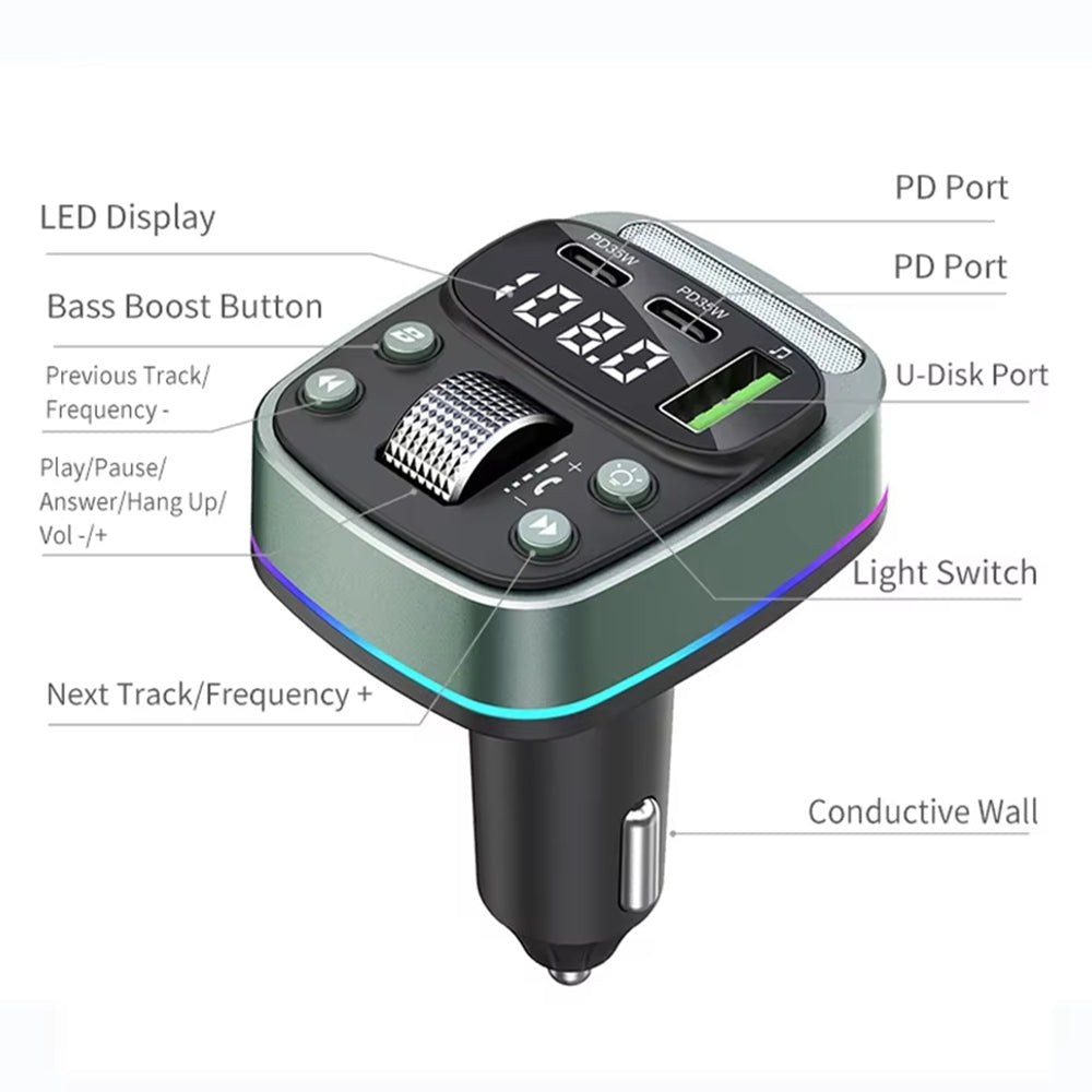 Gadget Techsuit FM Modulator EchoDrive (MFM3), Dual PD35W, Bluetooth V5.4, U-Disk to Play Music, Bass Setting, Negru