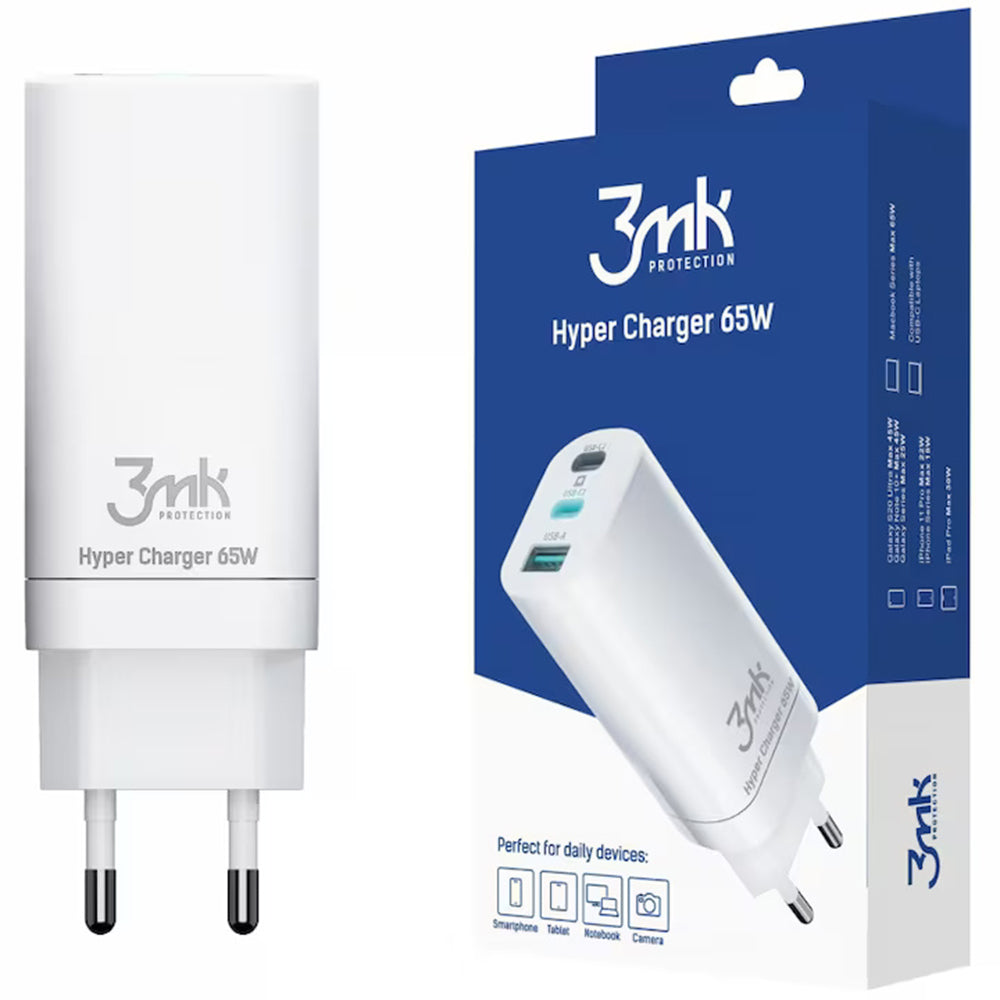 Incarcator 3mk Hyper, 2x Type-C, 1x USB-A, GaN Technology, Quick Charge, 65W, Alb