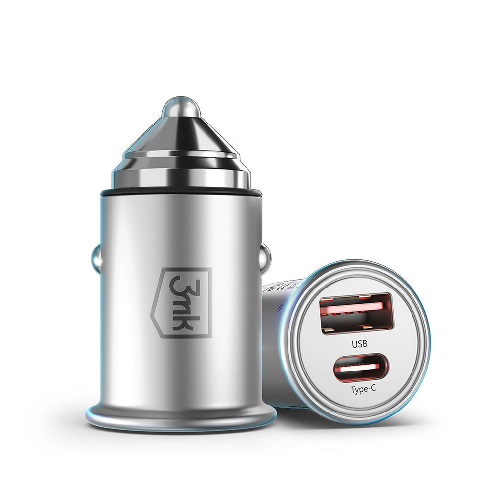Incarcator 3mk Car Hyper, USB-A, Type-C, 30W, Durable Aluminium, Argintiu