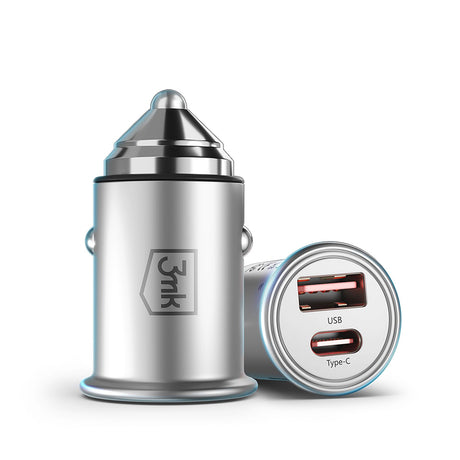 Incarcator 3mk Car Hyper, USB-A, Type-C, 30W, Durable Aluminium, Argintiu
