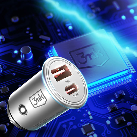 Incarcator 3mk Car Hyper, USB-A, Type-C, 30W, Durable Aluminium, Argintiu