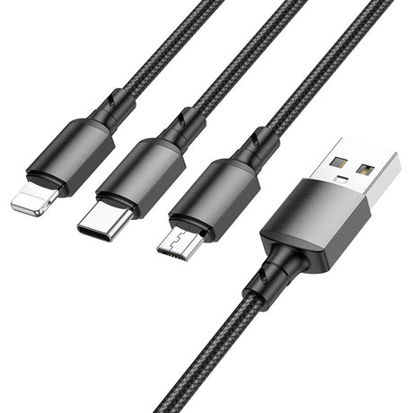 Cablu Borofone (BX72 3-in-1), USB-A to Micro-USB, Type-C, Lightning, Universal, 2A, 1m, Negru