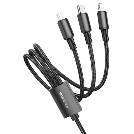 Cablu Borofone (BX72 3-in-1), USB-A to Micro-USB, Type-C, Lightning, Universal, 2A, 1m, Negru