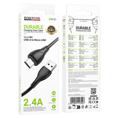 Cablu Borofone Energy Series (BX121), USB to USB-Micro, PVC, 2.4A, 1m, Negru