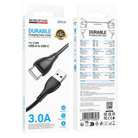 Cablu Borofone Energy Series (BX121), USB to Type-C, PVC, 3A, 1m, Negru