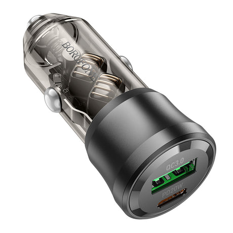 Incarcator Borofone Car Journey (BZ25), USB, Type-C, Fast Charge, Dual Port, PD20W, QC3.0, 38W, Transparent / Black