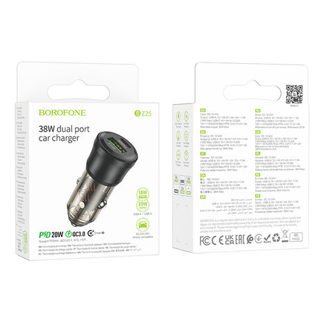 Incarcator Borofone Car Journey (BZ25), USB, Type-C, Fast Charge, Dual Port, PD20W, QC3.0, 38W, Transparent / Black