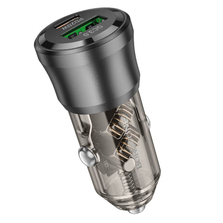 Incarcator Borofone Car Journey (BZ25), USB, Type-C, Fast Charge, Dual Port, PD20W, QC3.0, 38W, Transparent / Black