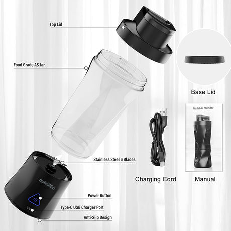 Gadget Techsuit Premium Mini Portable Blender nutriXGo (BP1), with Type-C Cable, Rechargeable, 700ml, 20000rpm, 6000mAh, Negru