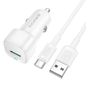 Incarcator Borofone Car Cloud (BZ34), USB-A/C Cable Included, Single Port USB-A, 18W (QC/FCP/AFC), ABS, for DC 12-24V, Alb