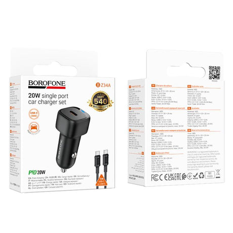 Incarcator Borofone Car Cloud (BZ34A), Type-C Cable Included, Single Port Type-C, PD20W, ABS, for DC 12-24V, Negru