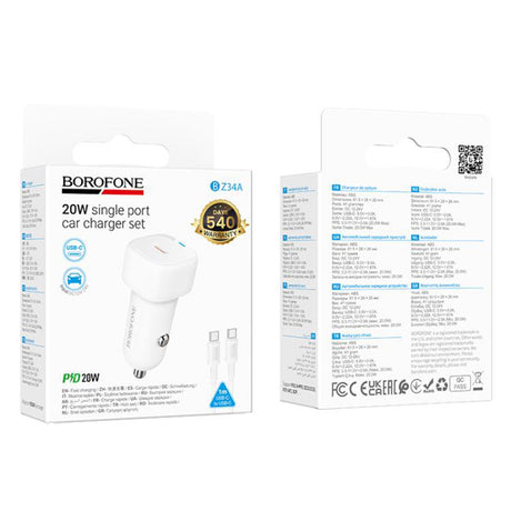Incarcator Borofone Car Cloud (BZ34A), Type-C Cable Included, Single Port Type-C, PD20W, ABS, for DC 12-24V, Alb