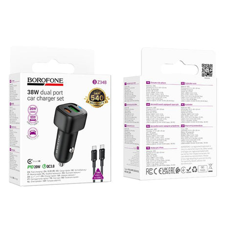 Incarcator Borofone Car Cloud (BZ34B), Type-C Cable Included, Type-C + USB-A, PD20W, QC3.0, Dual Port, 38W, ABS, Negru