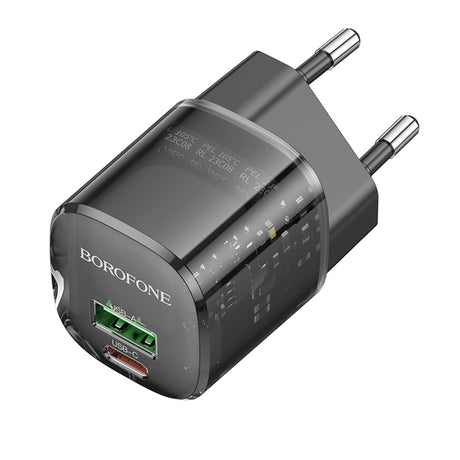 Incarcator Borofone Sunlight (BN17), Dual Port, USB-C + USB-A, 5V/3A, PD20W, QC3.0, Transparent /Black