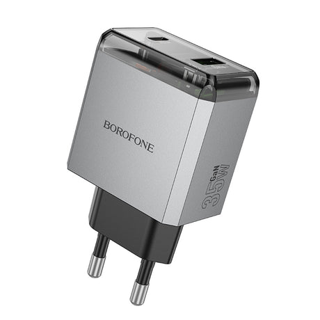 Incarcator Borofone Lena (BN20), Dual Port, USB-C + USB-A, PD35W, QC3.0, Flame-Retardant PC, 5V/3A, Metal Gray