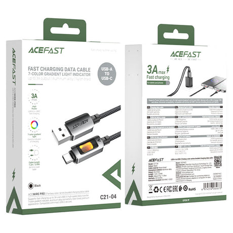 Cablu Acefast (C21-04), Fast Charge, USB to Type-C, 3A, Colorful Gradient Lighting Effect, Nylon Braid, 1.2m, Negru