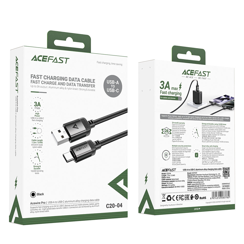 Cablu Acefast (C20-04), USB to Type-C, 3A, Fast Charging, Bend-Resistant, Nylon Braid, 1.2m, Negru
