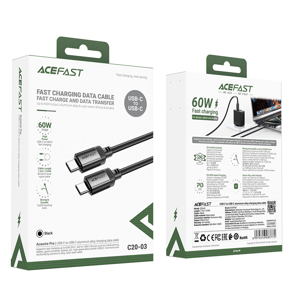 Cablu Acefast (C20-03), USB-C to Type-C, 60W, 3A, Fast Charging, Bend-Resistant, Nylon Braid, 1.2m, Negru