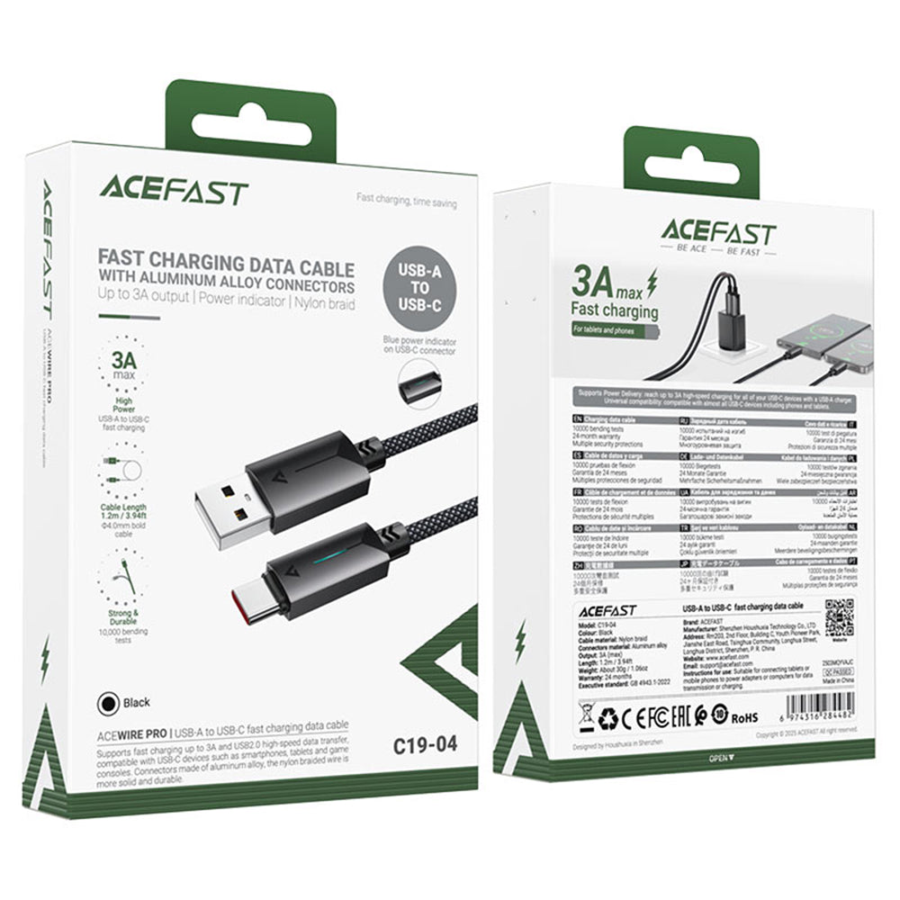 Cablu Acefast (C19-04), USB to Type-C, Fast Charging, 3A, Bend-Resistant, Nylon Braid, 1.2m, Negru