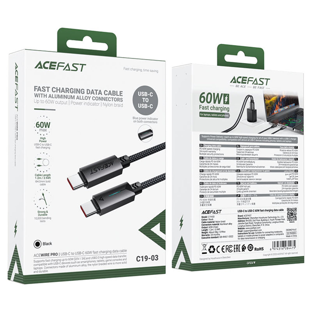 Cablu Acefast (C19-03), Type-C to Type-C, Fast Charging, 60W, 3A, Bend-Resistant, Nylon Braid, 1.2m, Negru