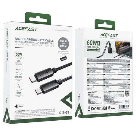 Cablu Acefast (C19-03), Type-C to Type-C, Fast Charging, 60W, 3A, Bend-Resistant, Nylon Braid, 1.2m, Negru
