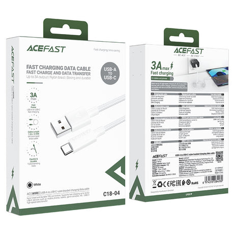 Cablu Acefast (C18-04), USB to Type-C, Fast Charging, 3A, Bend-Resistant, Nylon Braid, 1.2m, Alb