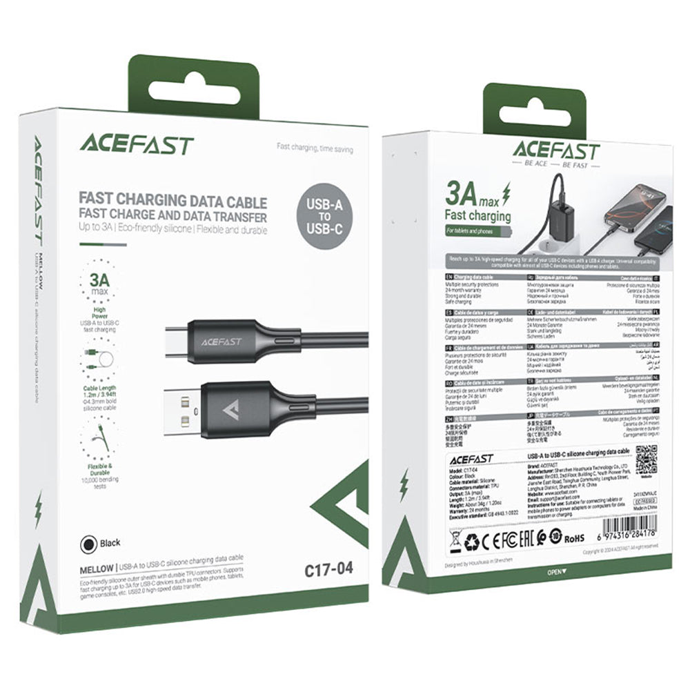 Cablu Acefast (C17-04), USB-C, 3A, 1.2m, Negru