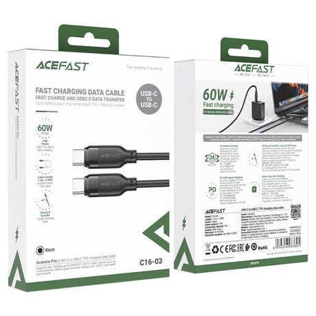 Cablu Acefast (C16-03), Fast Charging, Type-C to Type-C, 60W, 3A, Bend-Resistant, 1.2m, Negru
