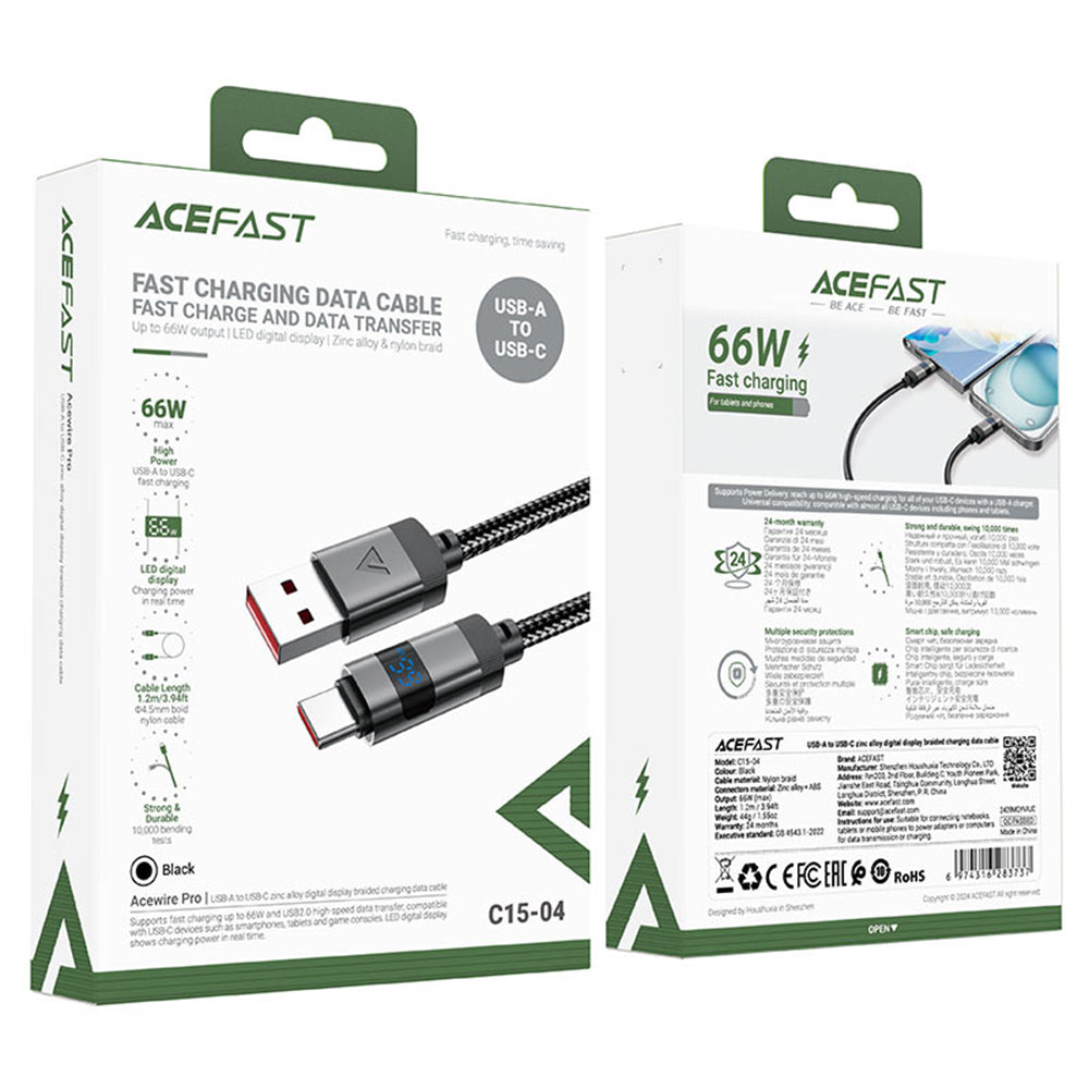 Cablu Acefast (C15-04), with Digital Display, Fast Charging, USB-A to Type-C, 66W, Zinc Alloy, 1.2m, Negru