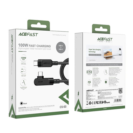 Cablu Acefast (C5-03), Fast Charging, Type-C to Type-C, 100W, 5A, Right Angle Design, Nylon Braid, 2m, Negru