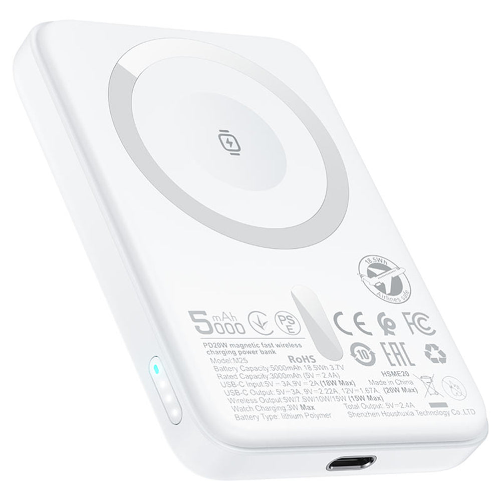 Baterie externa Acefast Magnetic Wireless (M25-5000), MagSafe, Fast Charge, USB-C, 5000mAh, 20W, 5V/2.4A, LED Indicator, Alb
