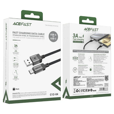 Cablu Acefast (C12-04), Fast Charging, USB to Type-C, 3A, Transparent Shell, Braided Nylon, 1.2m, Negru