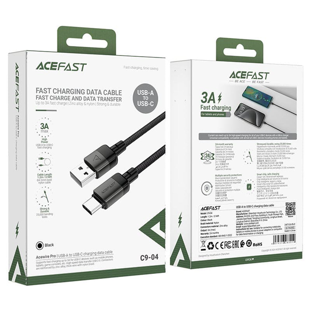Cablu Acefast (C9-04), USB to Type-C, Fast Charging, 3A, Braided Nylon, 25.000 Bends, 1.2m, Negru