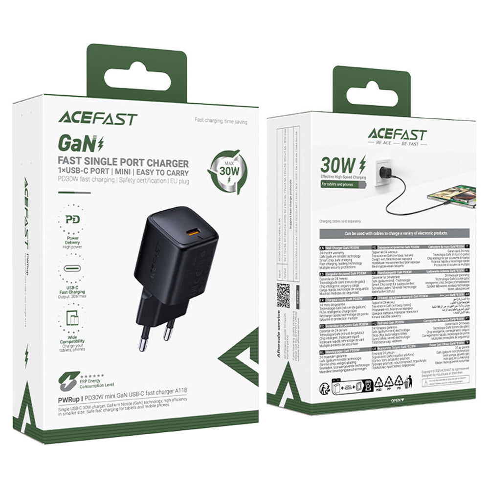 Incarcator Acefast (A118), Type-C, PD30W, GaN, Negru