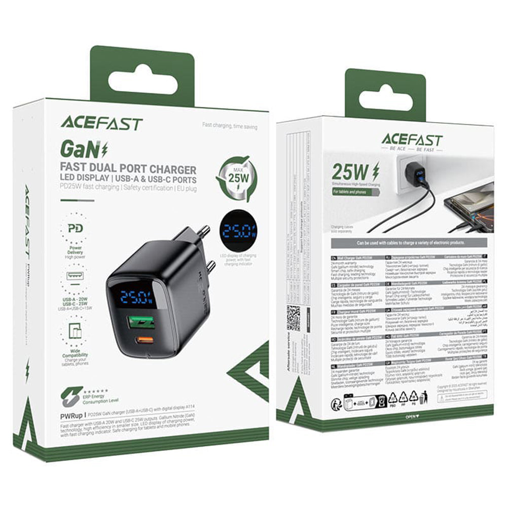 Incarcator Acefast (A114), with Digital Display, Fast Charging, GaN, USB, Type-C, PD25W, 5V/3A, Negru