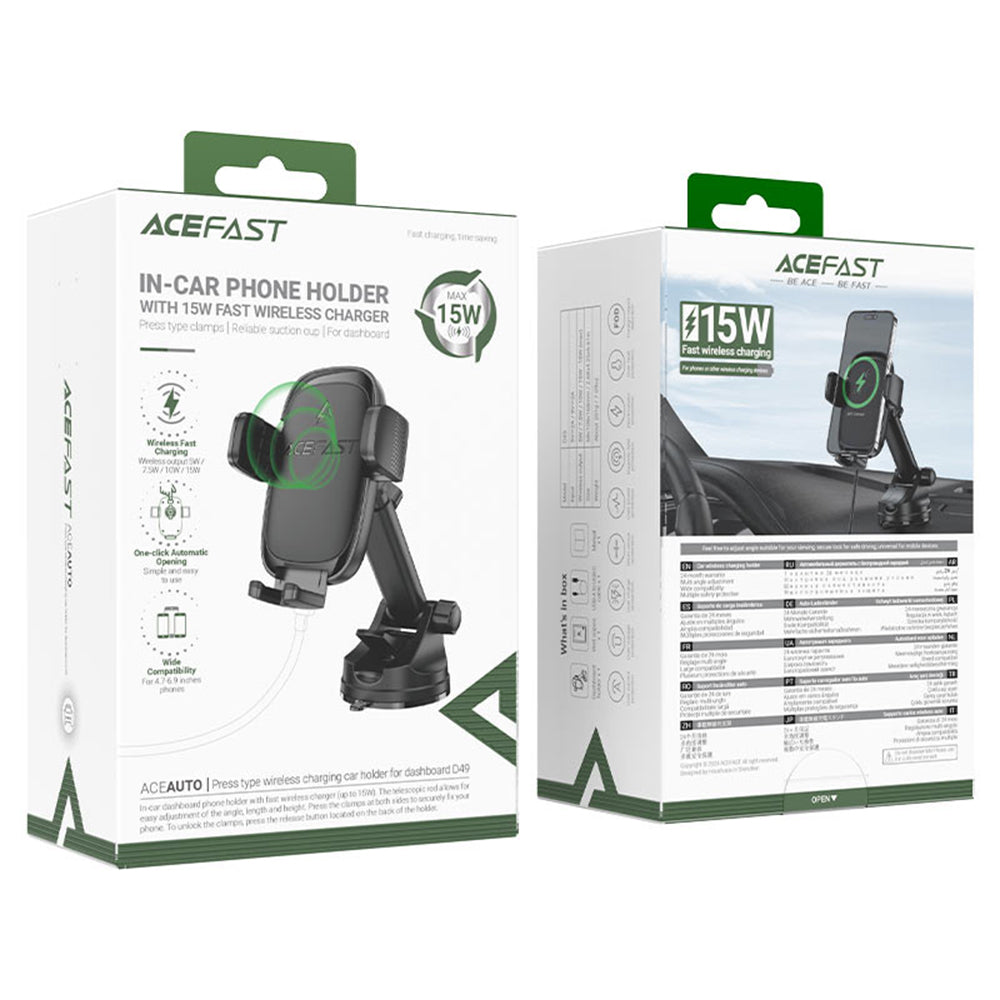 Suport Acefast with Wireless Charging (D49), for Dashboard/Windshield, Magnetic Grip, Lock Clip, 15W, for 4.7-6.9" Phones, Negru
