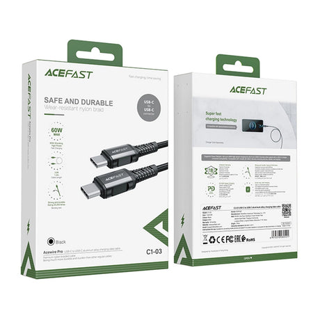 Cablu Acefast (C1-03), Type-C to Type-C, 60W, 20V/3A, Fast Charging, Nylon Braid, 1.2m, Negru