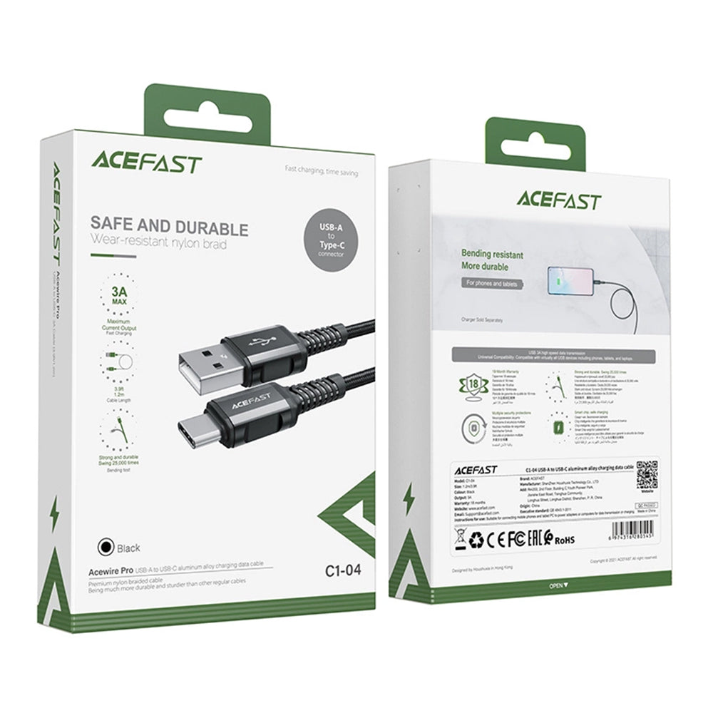 Cablu Acefast (C1-04), USB to Type-C, 3A, Fast Charging, Nylon Braid, 1.2m, Negru