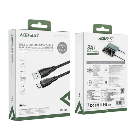 Cablu Acefast (C8-04), Fast Charging, USB to Type-C, 3A, Nylon Braided, 25.000 Bends, 1.2m, Negru
