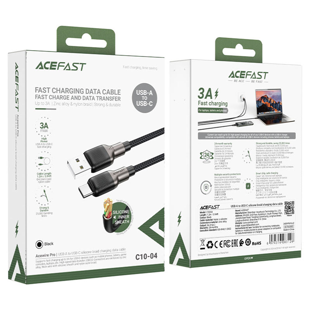 Cablu Acefast (C10-04), Fast Charging, USB to Type-C, 3A, 25.000 Bends, Durable Silicone, 1.2m, Negru