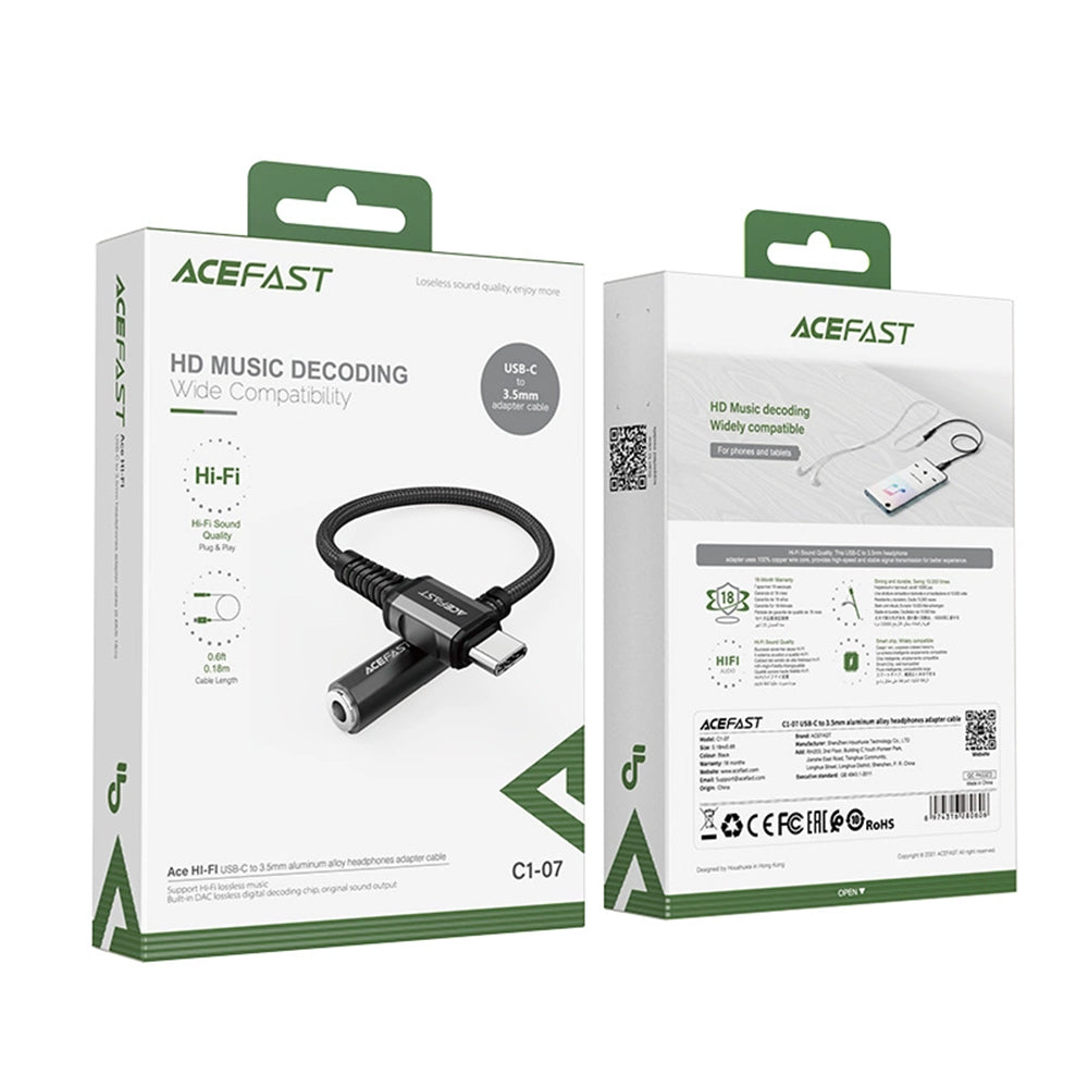 Cablu Acefast (C1-07), Type-C la Jack 3.5mm, 0.18m, Negru