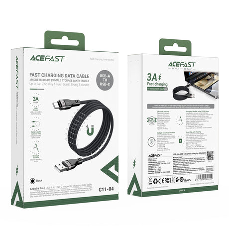 Cablu Acefast (C11-04), Magnetic Winding, Fast Charging, USB to Type-C, 3A, Adjustable Lenght, 1.2m, Negru