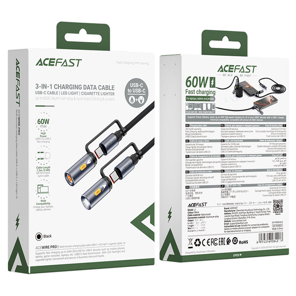 Cablu Acefast (J4), Multifunction, Fast Charging, Type-C/LED Light to Type-C/Cigarette Lighter, 60W, 3A, 1.2m, Negru