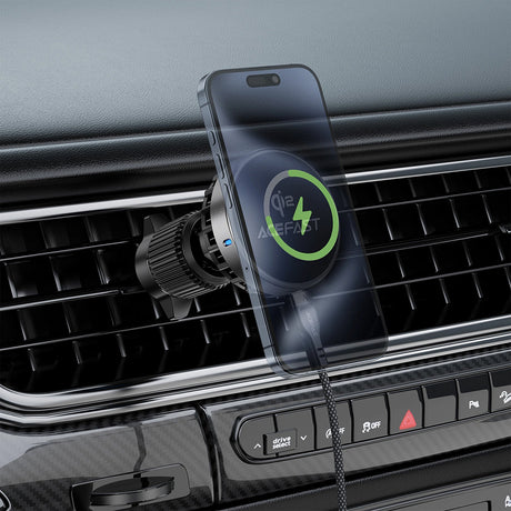 Suport Acefast with Wireless Charging (D40), for Air Vent, Magnetic Grip, Ice Cooling, Qi2, USB-C, 15W, Metal Gray