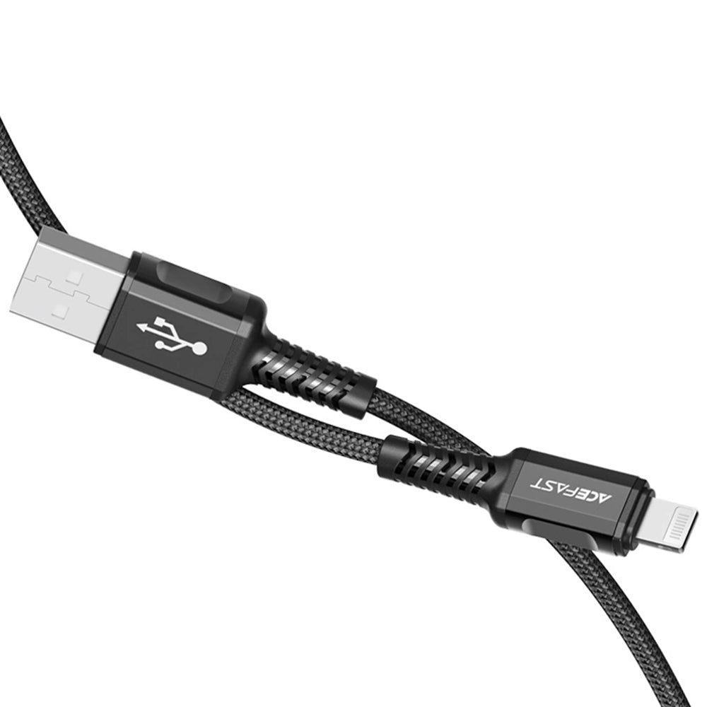 Cablu Acefast (C1-02), USB to Lightning, 2.4A, Fast Charging, MFi Certification, Nylon Braid, 1.2m, Negru